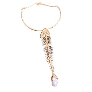 French style gold fishbone necklace with crystal accents and teardrop pearl pendant