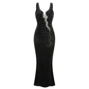 Sexy black slim fit sleeveless evening dress with deep V-neck and sparkling rhinestones