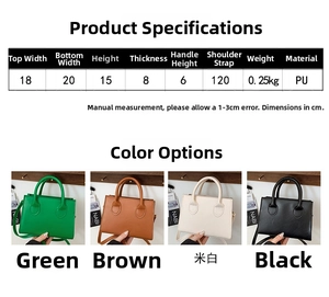 Size chart showing dimensions and colors of a compact PU leather crossbody handbag