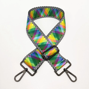Adjustable colorful diamond pattern bag strap with black-and-white checkered edges and hooks