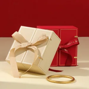 Elegant red and beige double-door jewelry gift box with Best Wishes ribbon bow decoration
