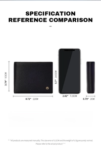 Tabella taglie portafoglio RFID da uomo con dimensioni 9,5x12 cm e dettagli materiale