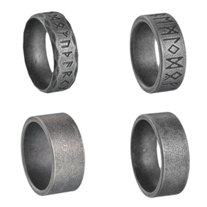 Set of four vintage silver Viking rune rings in matte distressed stainless steel finish