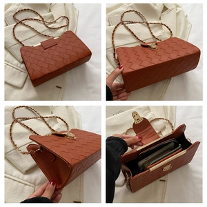 Detailed views of brown woven shoulder bag featuring gold chain and internal compartments
