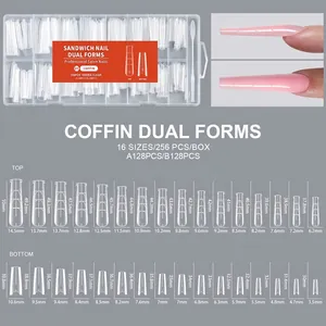 Size chart showing 16 sizes of Coffin nail dual forms with precise mm measurements