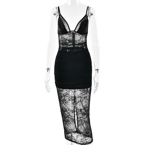 Deep V-neck black lace camisole dress with bodycon ruching and sheer lace hem