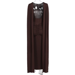 Detail of dark brown ruched evening gown with elegant shawl drapes and back pleated texture