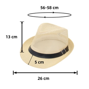 Detailed dimensions of beige straw Panama hat with black decorative belt and metal buckle