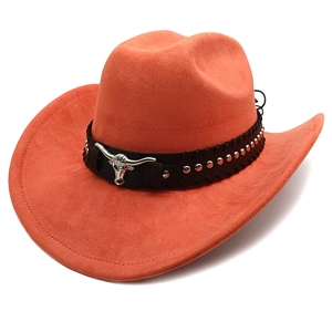 Cappello Da Cowboy Occidentale Suede Poliestere Tesa Larga Con Logo Metallo Testa Di Toro E Cintura Borchie Stile Retrò Uomo Donna