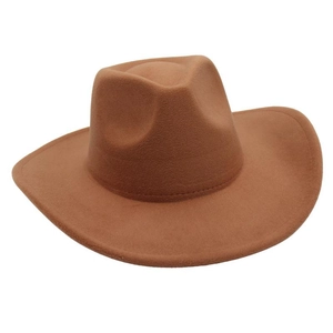 Detailed top view of a brown wide-brim fedora hat showing textured felt and sturdy stitching