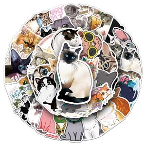 50 pieces of cute waterproof cat stickers for laptops and suitcases on white background