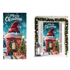 Christmas door banner featuring house with Santa hat and trees for outdoor holiday decor