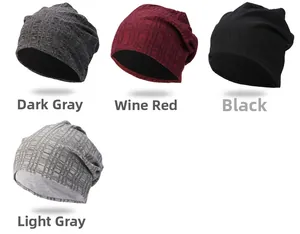 Detail view showing four colors of vertical striped knit beanies for winter warmth.