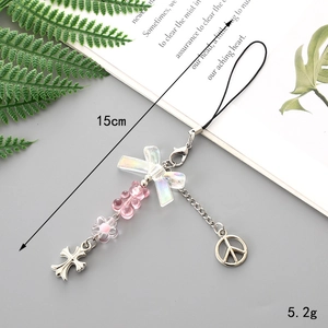 Handmade colorful heart and bow phone charm with cross pendant, length 15cm