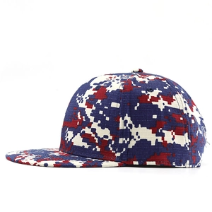 Detail of red white and blue digital camo snapback hat with flat brim and 6-panel design