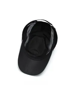 Internal structure of black quick-dry sport hat with mesh panels and adjustable buckle