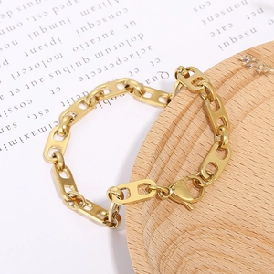 Golden stainless steel coffee bean link chain bracelet with secure lobster clasp for men and women