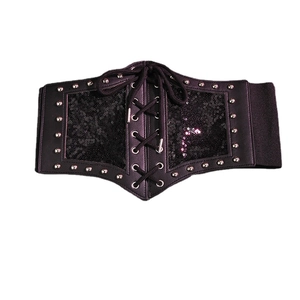 Dark gothic wide corset belt with lace-up front, silver rivets and black sequins