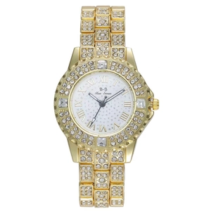 Luxury gold women's watch with full diamond rhinestones and a polished steel band