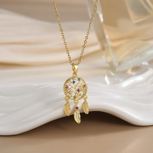 Golden dreamcatcher necklace with colorful crystals and hanging feather charms