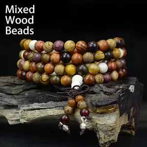 Natural Mixed Wood Prayer Beads Bracelet For Unisex Meditation Yoga Ethnic Style Long Multi-layered Mala Beads Buddhist Jewelry Gift