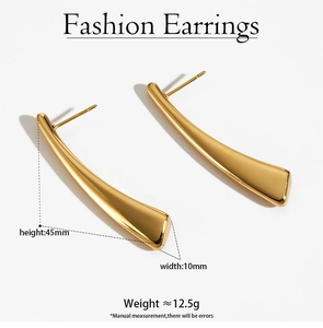 Close-up of golden geometric earrings showing mirror finish and 45mm length scale