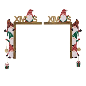 Wooden Christmas door frame corner decor featuring XMAS text and Holy Jolly gnome ornaments