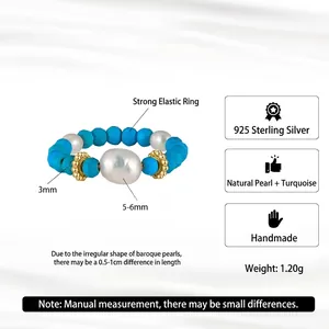 925 silver stretch ring with natural baroque pearls and turquoise beads for women