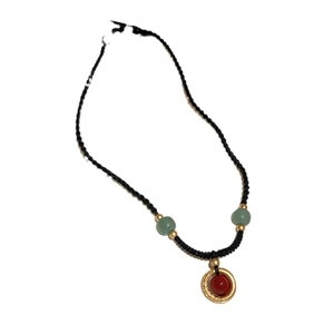 New Chinese style necklace with green and red natural stone beads on black woven cord