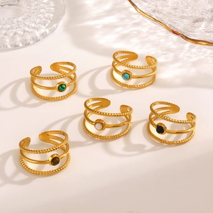Layered Open Ring 18K Gold Plated Stainless Steel Natural Stone Turquoise Malachite Tiger Eye Obsidian Jewelry For Women