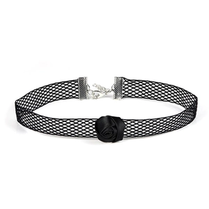 Close-up of black lace choker featuring a satin rose and adjustable lobster clasp chain