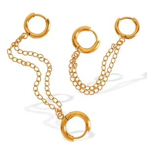 Golden titanium steel hoop earrings with double chain design for women on a white background