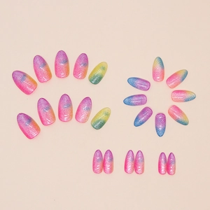 Rainbow gradient almond press-on nails with multi-color glitter and cat-eye shimmer