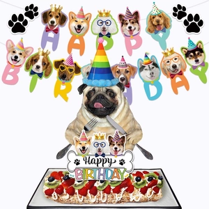 Dog theme birthday party decoration set with happy birthday banner and pug cake topper