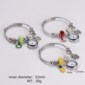 Womens Quartz Bracelet Watch 316L Stainless Steel Beaded Fruit Enamel Charms Adjustable Heart Pendant Fashion Jewelry