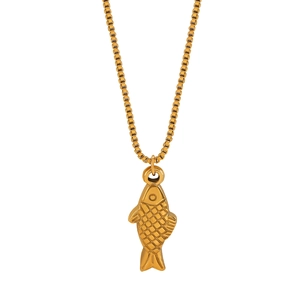 Detailed close-up of a golden fish pendant necklace with a fine box chain on white background
