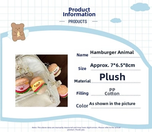 Detail of cute burger animal plush keychain with soft fabric and metal chain