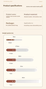 Size chart for stainless steel spatulas with wooden handles showing five varied lengths