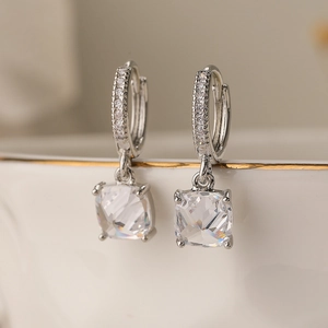 Exquisite silver hoop earrings with shimmering square clear zircon geometric pendants
