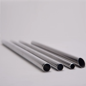 Detailed set of four stainless steel straws in various lengths and diameters for reuse