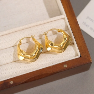 Irregular Crinkle Hoop Earrings 18K Real Gold Plated Copper Wave Texture Liquid Metal Style Minimalist For Women