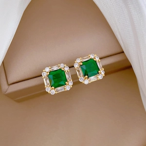 Luxury titanium steel square emerald stud earrings with sparkling zircon halo setting