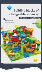 Detailed view of colorful DIY marble run tracks with patterned balls and spiral blocks