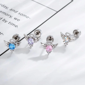 Angel Wings Zircon Cartilage Piercing Stud Titanium Steel Copper Screw Back Earring For Women Fashion Jewelry