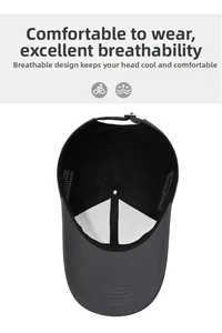 Detail view of breathable mesh fabric and adjustable strap on a dark grey baseball cap
