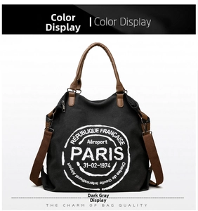 Detailed close-up of large canvas tote bag with vintage Paris print and leather straps