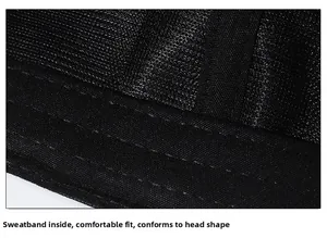 Detail of the inner sweatband on the black baseball cap showing reinforced stitching