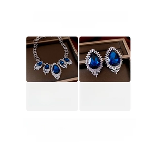 Detail view of water drop blue crystal necklace and earrings set with dimensions and specs