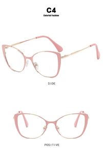 Detailed side and front view of pink cat-eye eyeglass frames with gold metal temples