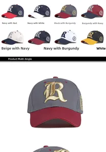 Detail of multi-color baseball caps with gothic letter R embroidery and contrast brims
